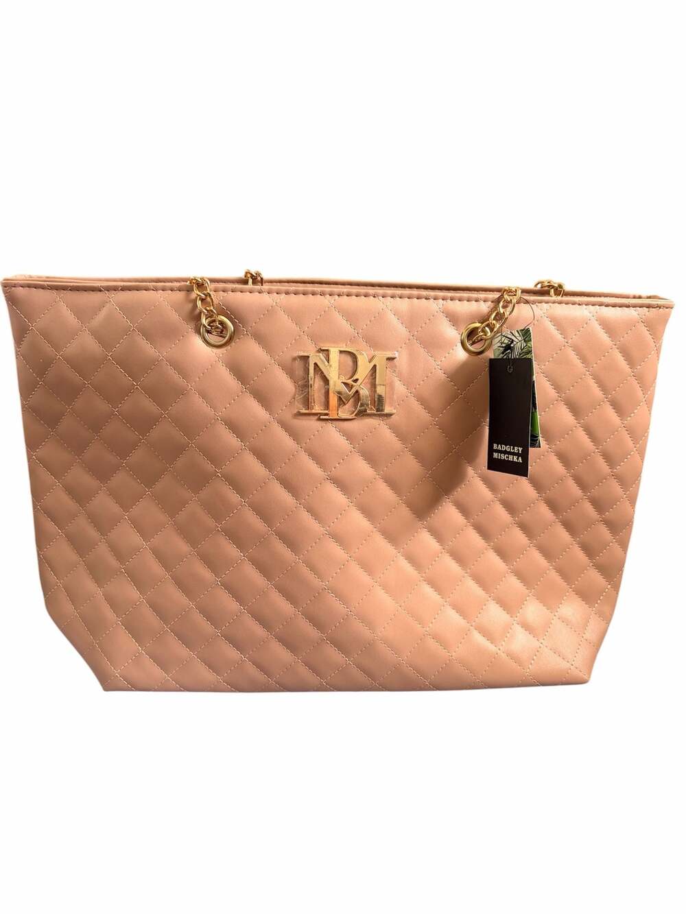 Badgley Mischka Blush Vegan Leather Quilted Chain Strap Tote Bag
